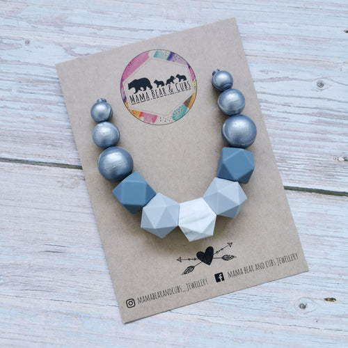 Eira marble silver silicone teething necklace & breastfeeding necklace from mama bear and cubs