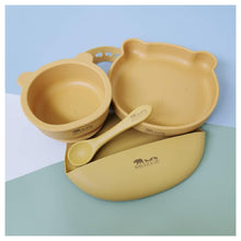 Load image into Gallery viewer, Baby silicone weaning set with suction bowl suction spoon silicone spoon silicone bib in mustard mama bear and cubs
