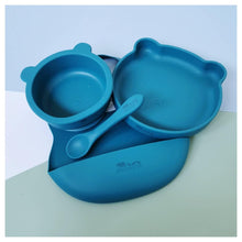 Load image into Gallery viewer, Baby silicone weaning set with suction bowl suction spoon silicone spoon silicone bib colour ocean blue teal mama bear and cubs
