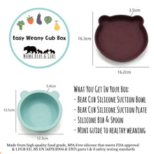 Load image into Gallery viewer, Baby silicone weaning set suction bowl and suction plate and silicone spoon and silicone bib baby tableware from mama bear and cubs
